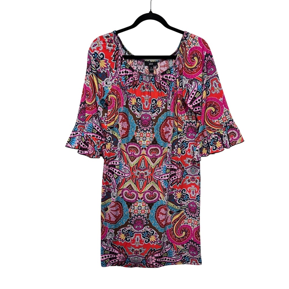 JBS multicolor Paisley Shift Dress Flair Ruffle Sleeves 70s Style Party Cocktail
